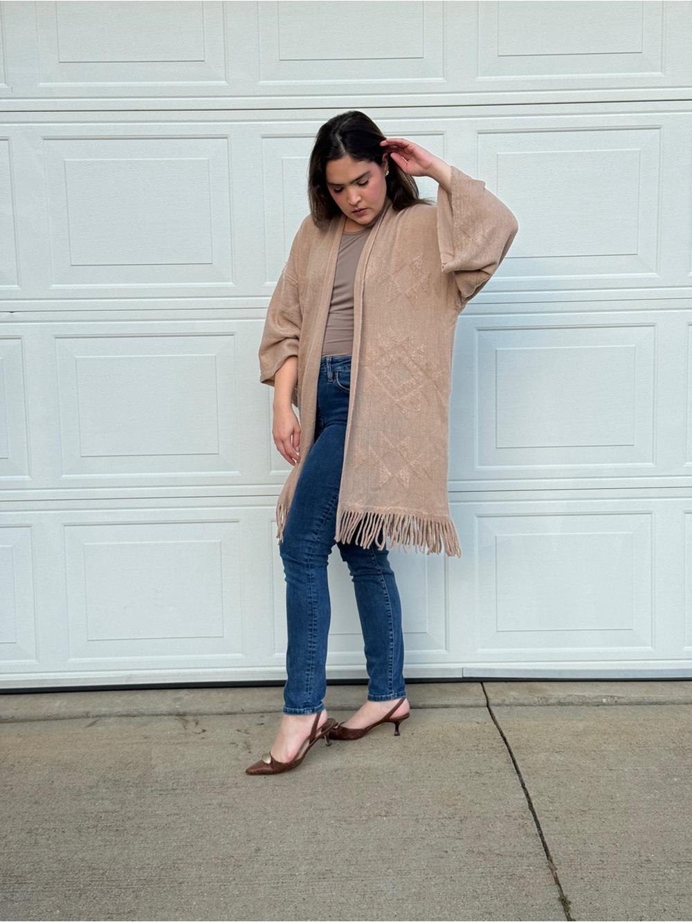 DressUp Beige Oversized Fringe Long Cardigan